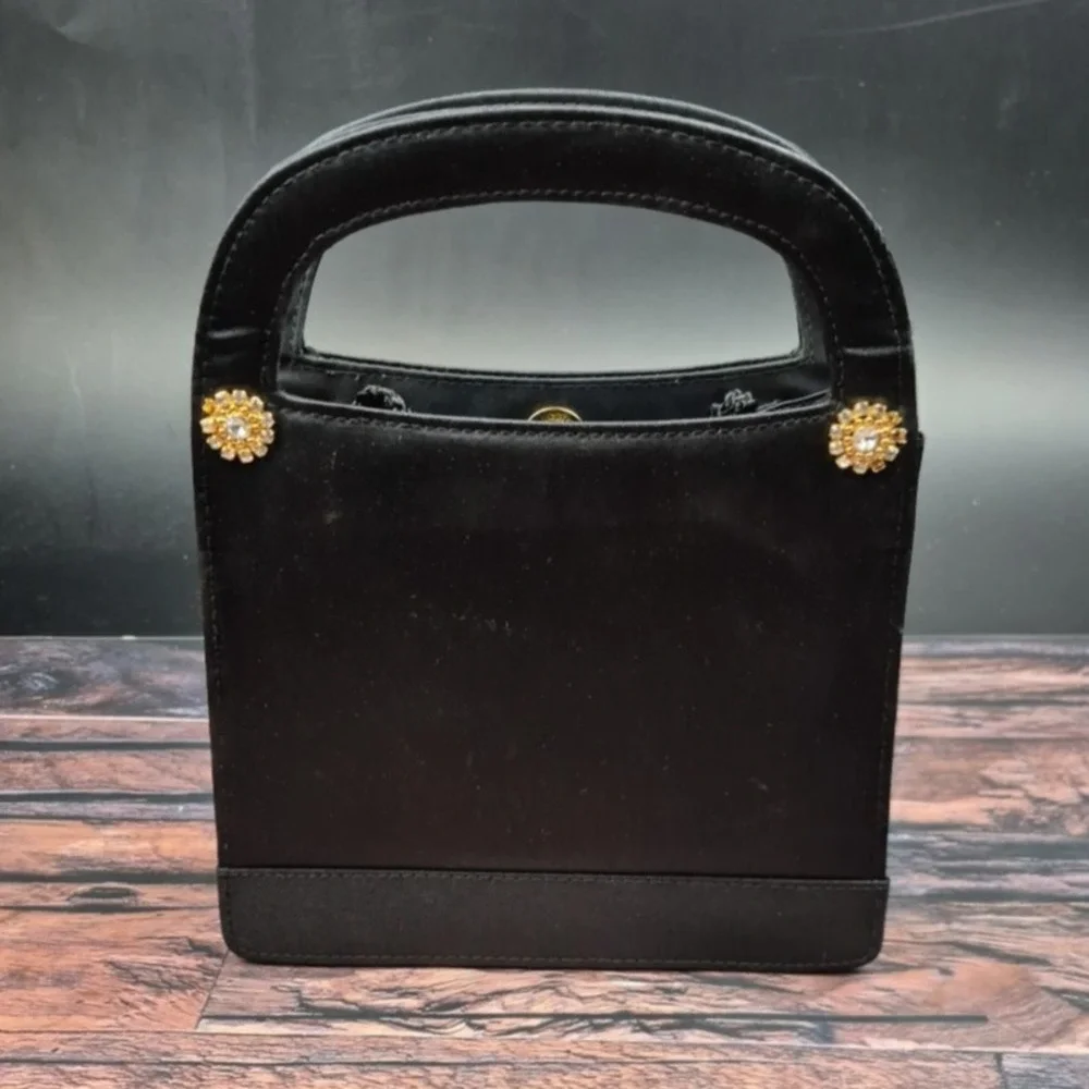 Black Satin Evening Bag Gold Bling Rope Strap Foldable Purse Wedding Prom Travel